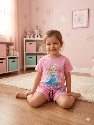 Cg Kids Frozen Elsa Sim Baskılı Tshirt & Şort Kız Çocuk Alt Üst Takım Süper Kalite