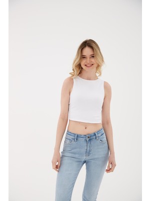 Fashion Friends Pamuklu Dar Kalıp Bisiklet Yaka Crop Bluz Bayan Bluz 26Y0326K1