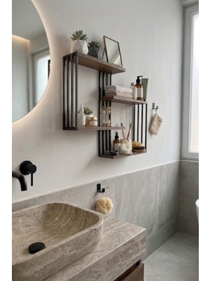 Milonsa Modern Metal Çerçeveli Ahşap Duvar Rafı – 3 Katlı Banyo Rafı Dekoratif Duvar Banyo Düzenleyici Organizer