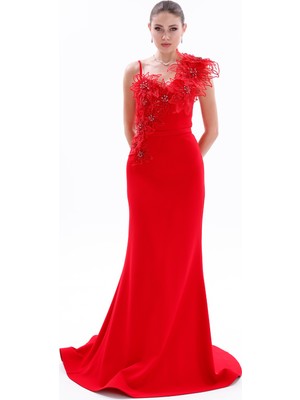 Bdm Exclusive Çiçek Aplikeli Taş Işlemeli Ince Askılı Uzun Krep Abiye Elbise