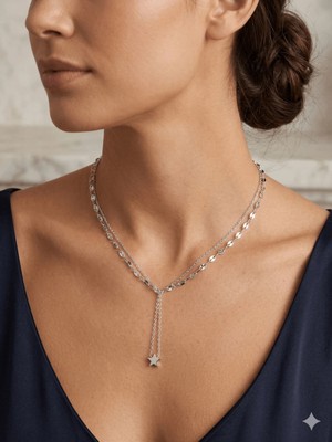Stainless Steel 316L Çelik Çift Zincir Yıldız Gümüş Renk Kolye