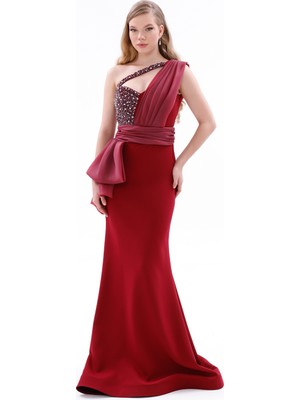 Bdm Exclusive Krep Drapeli Asimetrik Taş Işlemeli Uzun Premium Abiye Elbise