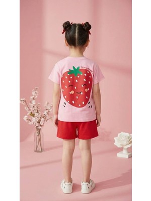 Cg Kids Love Çilek Temalı Kız Çocuk Tshirt & Şort Alt Üst Takım Sırt Baskı Detaylı Süper Kalite