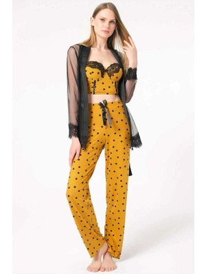 Aria's Closet Arias Closet Tül Dantelli Sabahlık Balenli Destekli Dolgulu Puantiyeli Büstiyer Sütyen ve Pantolon Pijama 3'lü Takım