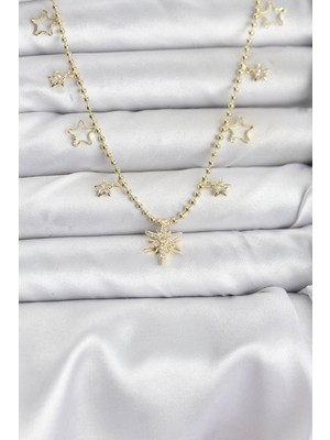 Pirinç Gold Renk Zirkon Taşlı Kutup Yıldızı Model Kadın Kolye - Lisinya