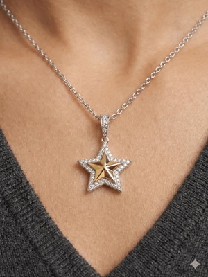 Stainless Steel 316L Çelik Iki Renkli Kararmaz Taşlı Yıldız Kolye