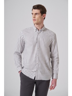Morven  Erkek Gri Pamuk Trend Kareli Regular Fit Düğmeli Yaka Gömlek