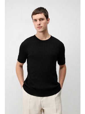 Antioch Siyah Pamuklu Burgu Örgü Erkek Triko T-Shirt