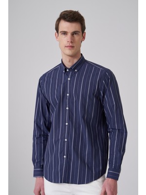 Morven  Erkek Lacivert Pamuk Trend Çizgili Dynamic Fit Düğmeli Yaka Gömlek