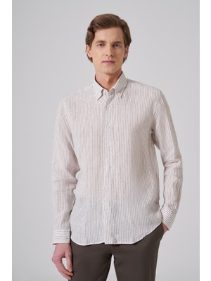 Morven  Erkek Kahve Keten Trend Çizgili Dynamic Fit Düğmeli Yaka Gömlek
