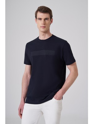 Morven  Erkek Lacivert Trend Baskılı Bisiklet Yaka Dinamik Fit T-Shirt