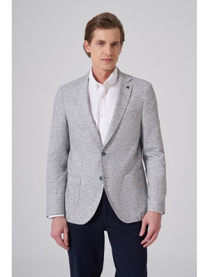 Morven  Erkek Lacivert Keten Trend Desenli Slim Fit Mono Yaka Ceket