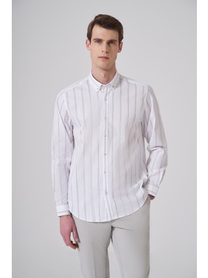 Morven  Erkek Lacivert Pamuk Trend Çizgili Dynamic Fit Gömlek