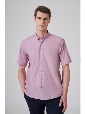 Morven  Erkek Kırmızı Trend Regular Fit Düğmeli Yaka Kısa Kollu Gömlek