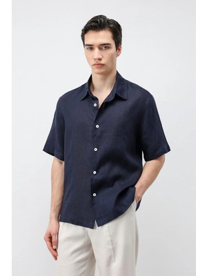 Antioch Lacivert 100% Keten Relaxed Erkek Gömlek
