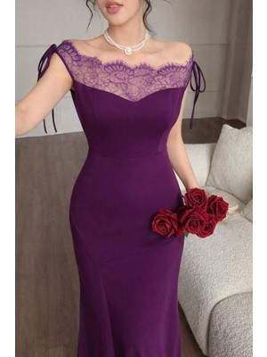 Stelol Kadın Göğüs ve Yakası Dantel Detaylı Kayık Yaka Görünümlü Uzun Ithal Krep Elbise