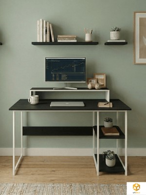Ayz Vienna 60X120CM 2 Raflı Metal Ayak Çalışma Masası Laptop Masası Bilgisayar Masası  Beyaz-Siyah