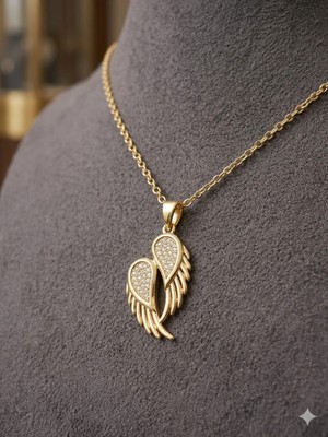 Stainless Steel 316L Altın Kaplama Taşlı Melek Kanadı Çelik Kolye