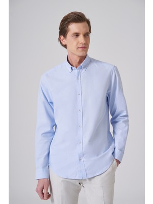 Morven  Erkek A. Mavi Pamuk Trend Düz Dynamic Fit Düğmeli Yaka Gömlek