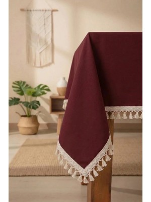 NDC Home Bordo Pamuk Keten Ham Ponponlu Masa Örtüsü