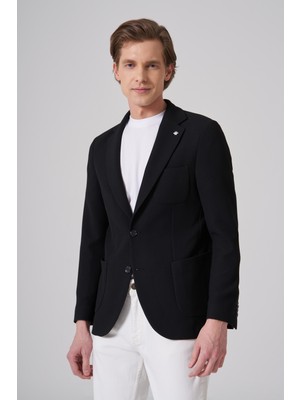 Morven  Erkek Siyah Örme Trend Slim Fit Mono Yaka Ceket