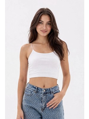 Vesantia Kadın Beyaz Viskon Likralı Iç Göstermeyen Ip Askılı Crop Atlet