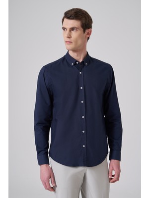 Morven  Erkek Koyu Lacivert Pamuk Trend Düz Dynamic Fit Düğmeli Yaka Gömlek