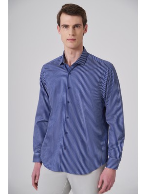 Morven  Erkek Lacivert Pamuk Trend Dynamic Fit Italyan Yaka Gömlek