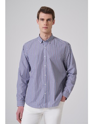 Morven  Erkek Lacivert Pamuk Trend Çizgili Dynamic Fit Düğmeli Yaka Gömlek