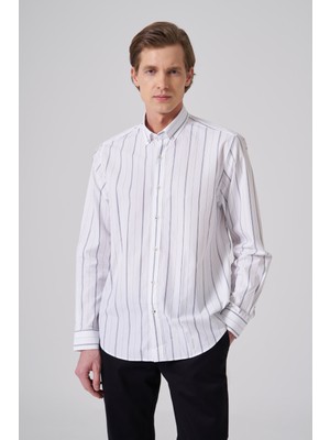 Morven  Erkek Beyaz Pamuk Trend Çizgili Dynamic Fit Düğmeli Yaka Gömlek