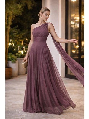 Neşeli Butik Kadın Gül Kurusu Tek Omuz Pilise Detaylı Simli Tül Kumaş Abiye Elbise NBSWLL16