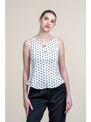 MissVina Kayık Yaka Düğme Detaylı Puantiyeli Bluz 70075