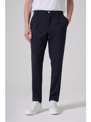 Morven  Erkek Lacivert Trend Çizgili Slim Fit Pantolon