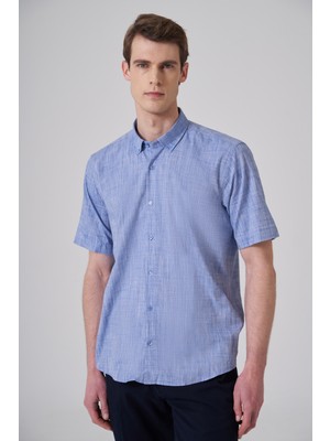 Morven  Erkek Mavi Trend Regular Fit Düğmeli Yaka Kısa Kollu Gömlek