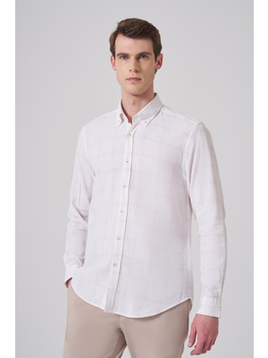 Morven  Erkek Turuncu Keten Trend Ekoseli Dynamic Fit Düğmeli Yaka Gömlek