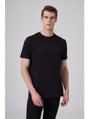 Morven  Erkek Siyah Trend Baskılı Bisiklet Yaka Dinamik Fit T-Shirt