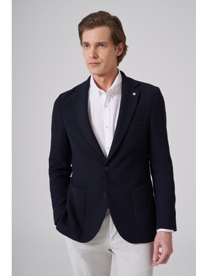 Morven  Erkek Lacivert Örme Trend Slim Fit Mono Yaka Ceket