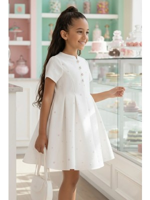 Pamina Kız Çocuk Puantiyeli ve Uyumlu Çantalı Doğum Günü -Parti  Elbisesi Ekru (3-7 Yaş) 36305PR