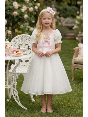 Pamina Kız Çocuk Işlemeli Çiçekli Tül ve  Saç Aksesuarlı Doğum Günü -Parti  Elbisesi Ekru ( 3-7 Yaş) 36395PR