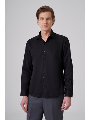 Morven  Erkek Siyah Polyester Trend Slim Fit Tam Italyan Yaka Gömlek