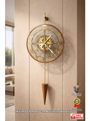 Wallover Design Vivens Pendulum Pusula Desenli Gold/ceviz Sessiz Metal Duvar Saati - Dekoratif Duvar Saati - 33X85