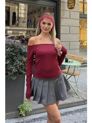 la & vetta Bordo Omuzları Açık Uzun Kollu Bluz