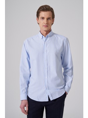 Morven  Erkek A. Mavi Pamuk Trend Çizgili Dynamic Fit Düğmeli Yaka Gömlek