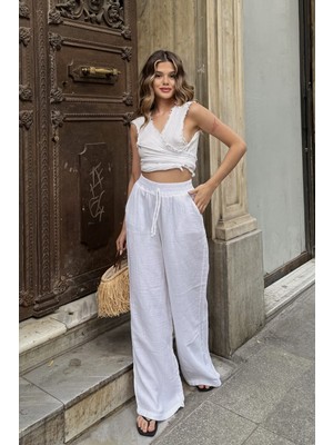 la & vetta Beyaz Müslin Palazzo Pantolon