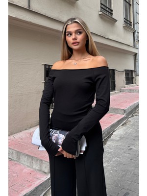 la & vetta Siyah Omuzları Açık Uzun Kollu Bluz