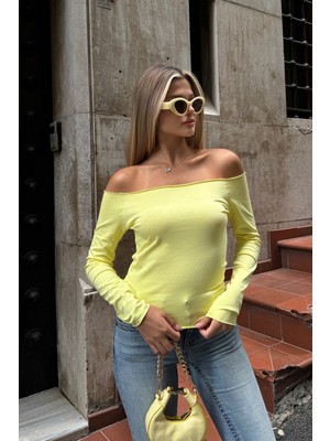 la & vetta Limoni Omuzları Açık Uzun Kollu Bluz
