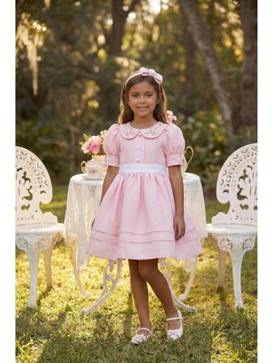 Pamina Kız Çocuk Zarif Işlemeli Yakalı ve Saç Bandlı Doğum Günü -Parti  Elbisesi Pembe (3-7 Yaş) 36394PR