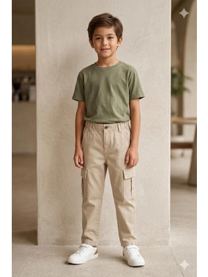 HaanBebe Erkek Çocuk Bej Kargo Cep Detaylı Lastikli Gabardin Pantolon