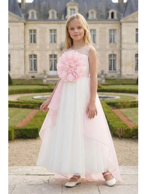 Pamina Kız Çocuk Kat Kat Organza Elbise, Büyük Çiçek Desenli Doğum Günü - Parti - Mezuniyet Elbisesi Ekru (8-15 Yaş) 36019PR