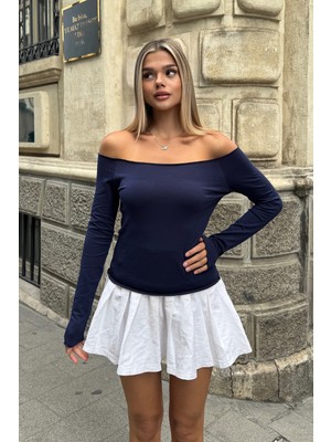 la & vetta Lacivert Omuzları Açık Uzun Kollu Bluz